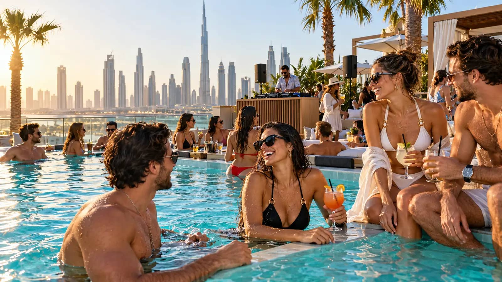 Illustrative scene: Poolside, good company